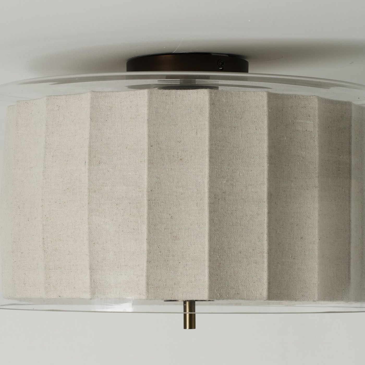 Bude Circular Flush Mount with Linen and Clear Glass shades, close up of the shade and flushmount