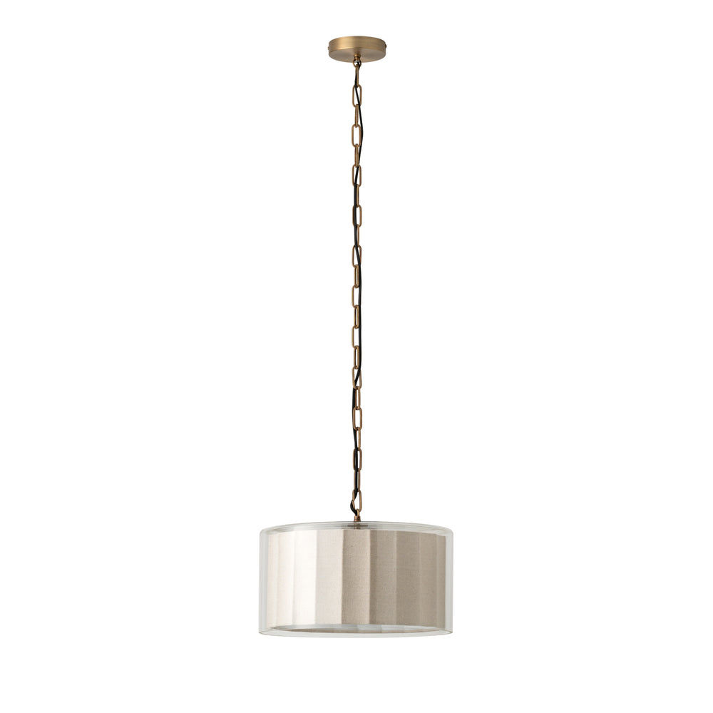 Bude Circular Pendant Light with Linen and Clear Glass shade and Brass finish chain holder and ceiling rose