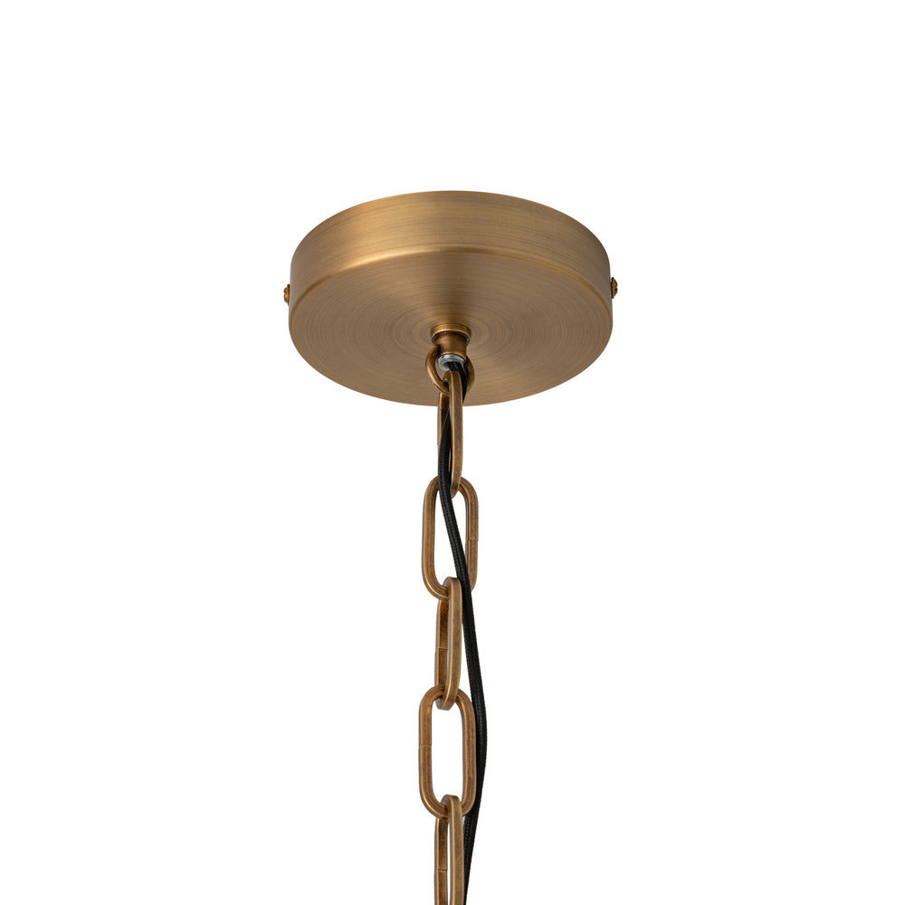 Bude Circular Pendant Light with Linen and Clear Glass shade and Brass finish chain holder, close up of the brass ceiling rose
