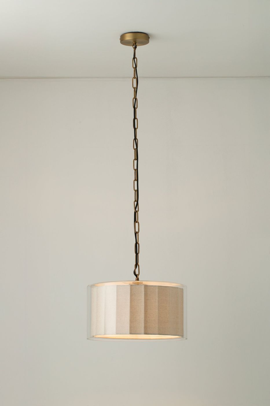 Bude Circular Pendant Light - Linen & Clear Glass