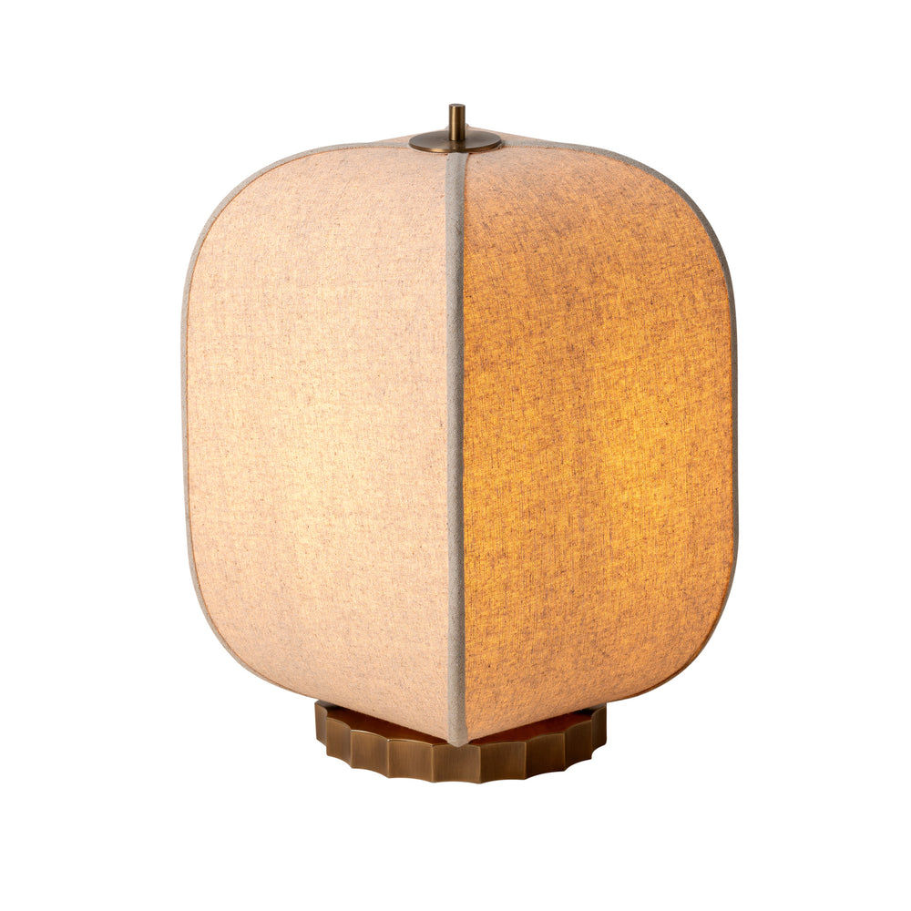 Bloxham Rectangular Table Lamp in Natural Fabric finish lit up 