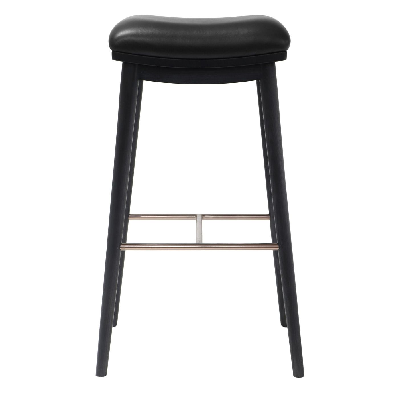 Back view of a bar stool with a black leather seat and black ash wood legs, showcasing the brushed metal footrest.