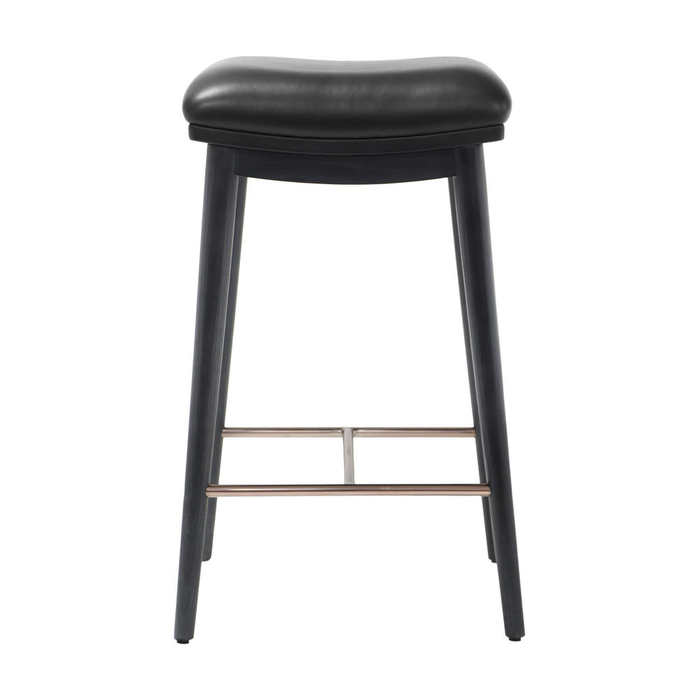 Back view of a counter height stool with a black soft leather seat and black ash wood legs, featuring a brushed metal footrest