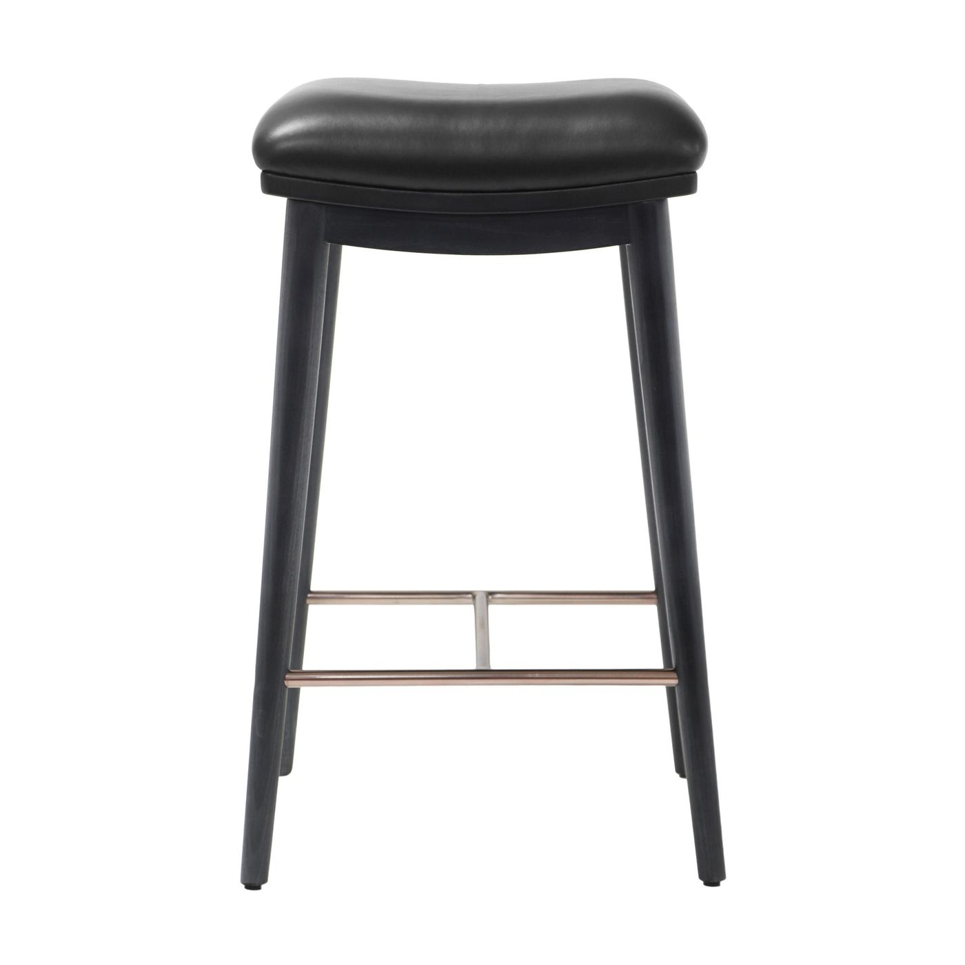 Back view of a counter height stool with a black soft leather seat and black ash wood legs, featuring a brushed metal footrest