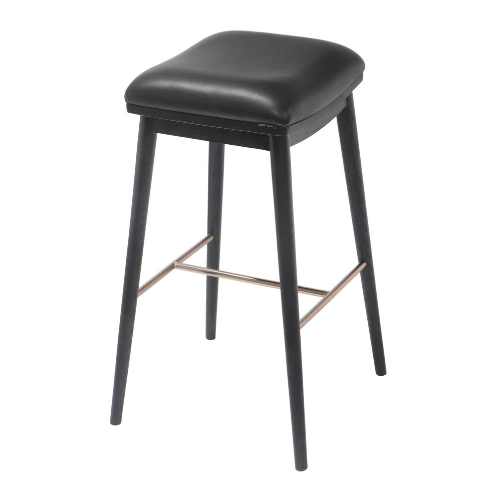 Bar stool with black ash wood legs, black leather seat, and a brushed metal footrest, viewed from a side angle.