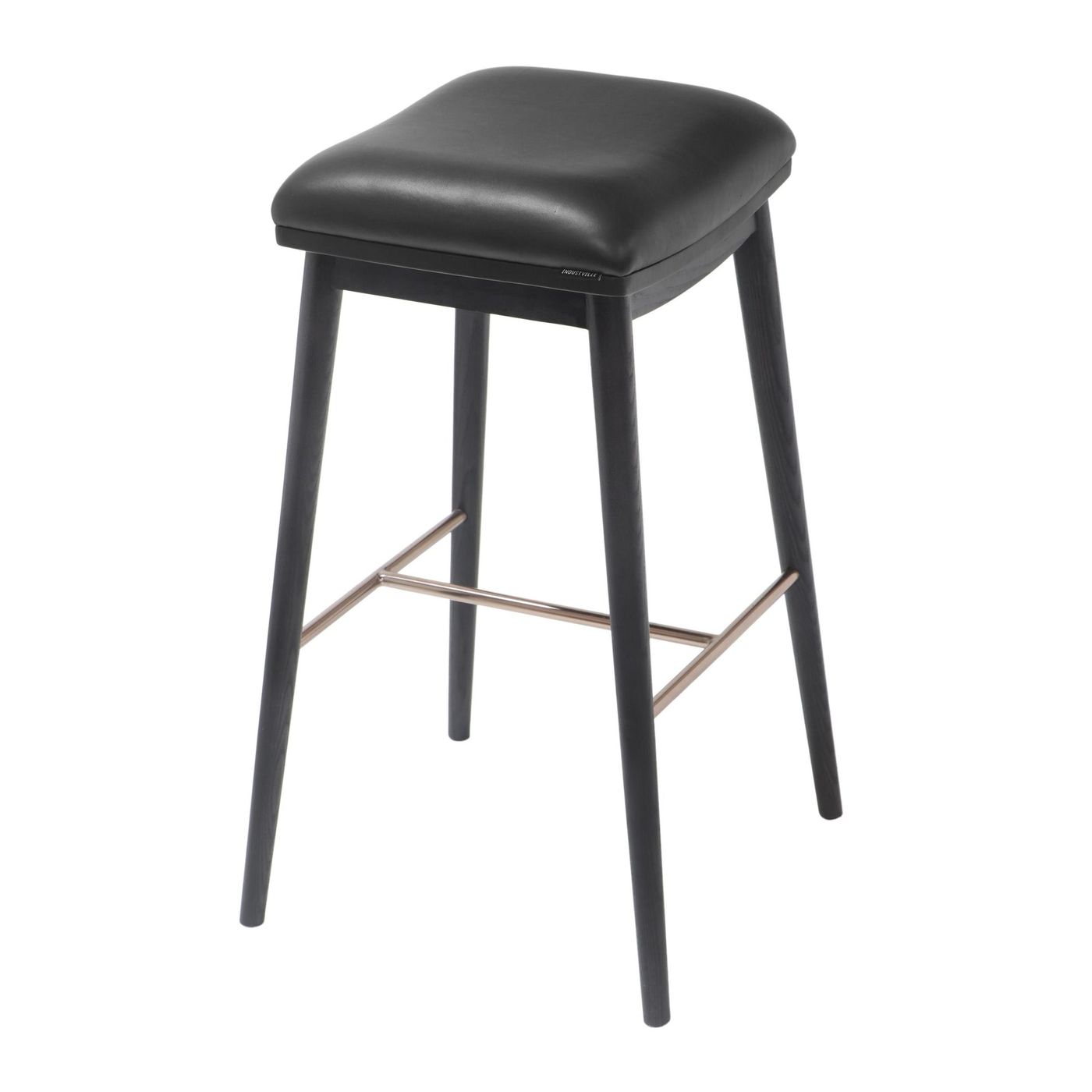 Bar stool with black ash wood legs, black leather seat, and a brushed metal footrest, viewed from a side angle.