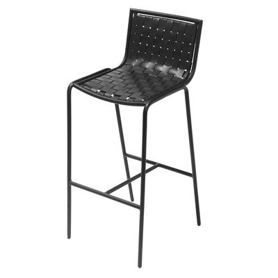 Black metal bar stool with black lattice saddle leather seat and backrest, angled view highlighting the minimalist design.