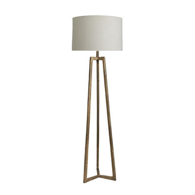 Bronze floor lamp with a geometric open-frame base and a light natural cotton shade