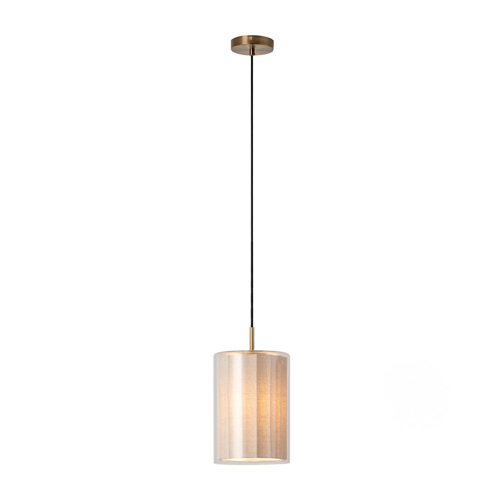 Bude Cylinder Linen Pendant Light with Clear Glass lit up full product image