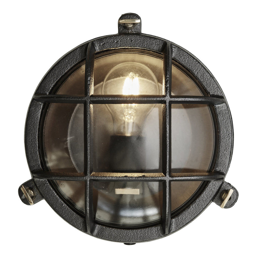 Black Round Bulkhead Outdoor and  Bathroom Round Wall Light with clear glass