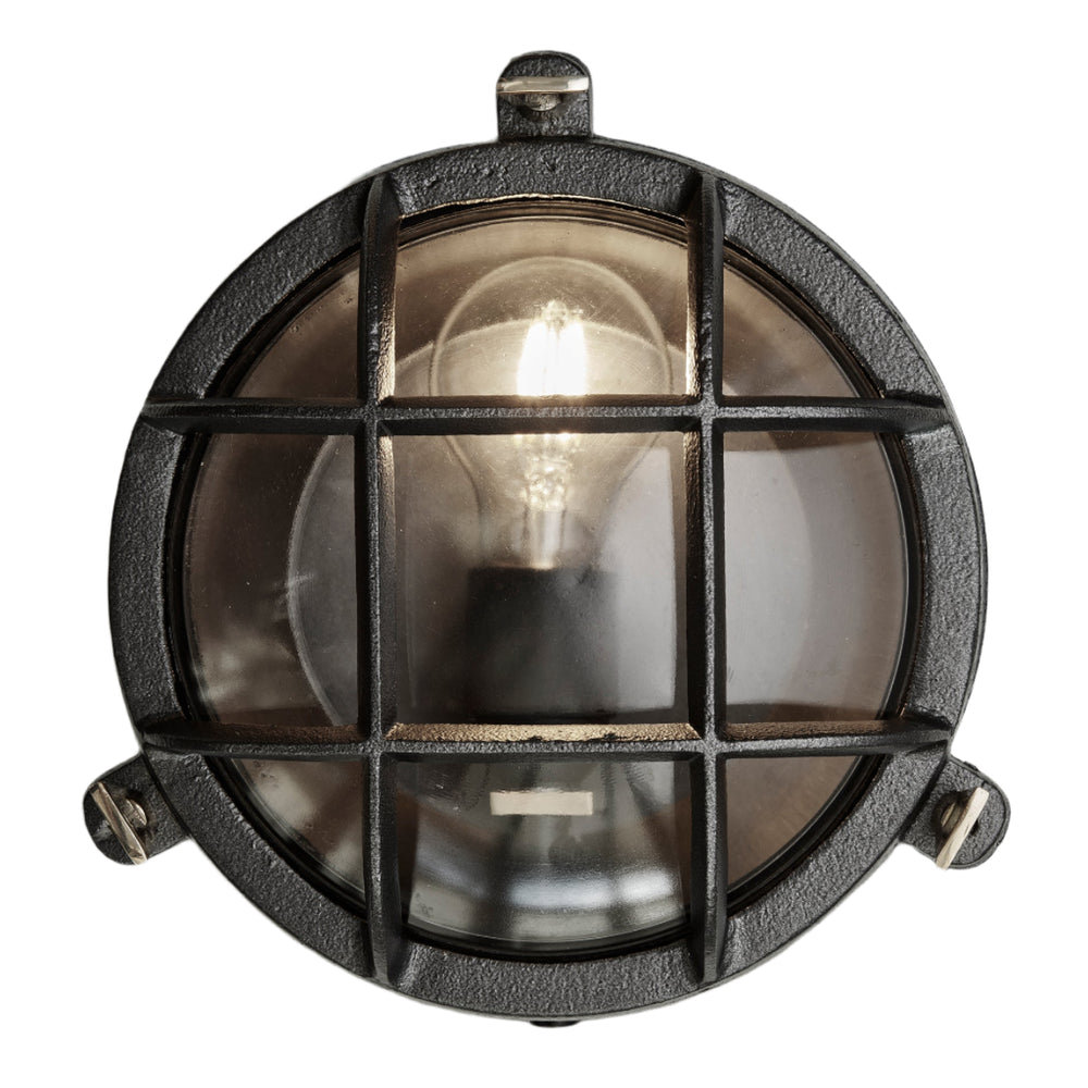 Black Round Bulkhead Outdoor and  Bathroom Round Wall Light with clear glass