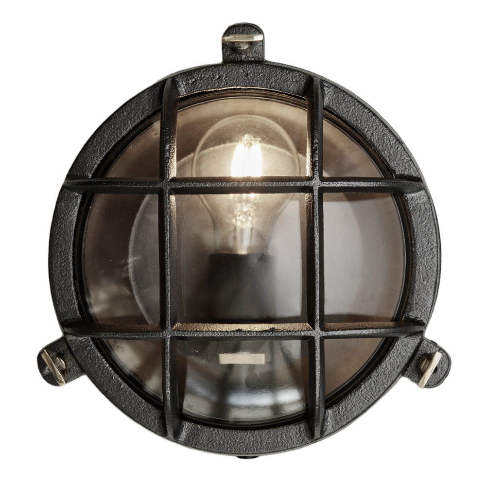 Black Round Bulkhead Outdoor and  Bathroom Round Wall Light with clear glass
