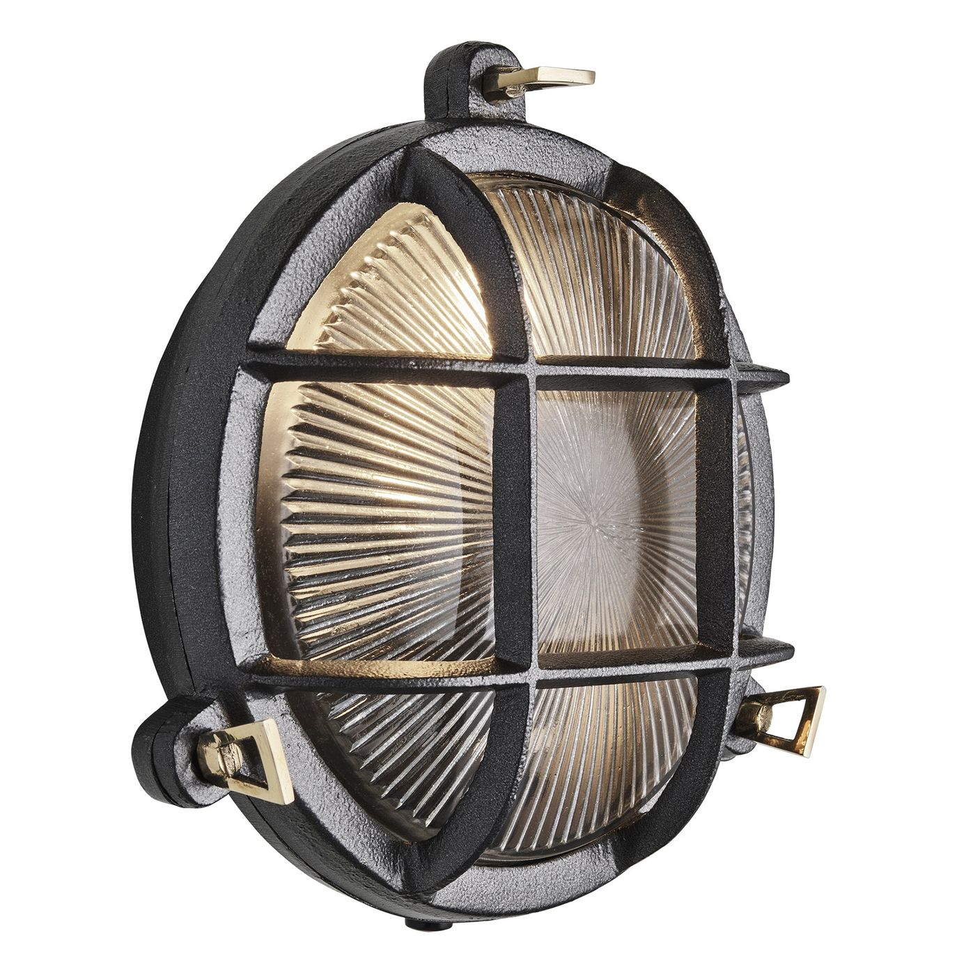 Black Round Bulkhead Outdoor and  Bathroom Round Wall Light with ribbed glass