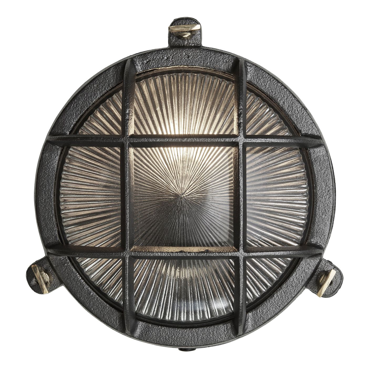 Black Round Bulkhead Outdoor and  Bathroom Round Wall Light with ribbed glass