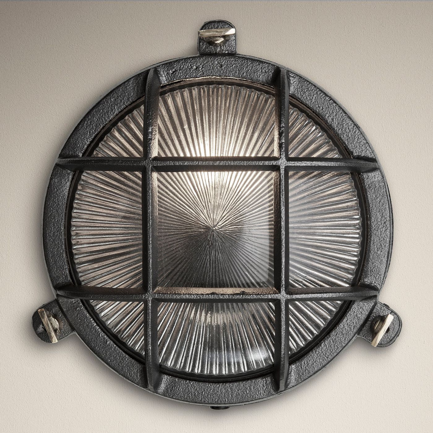 Black Round Bulkhead Outdoor and  Bathroom Round Wall Light with ribbed glass
