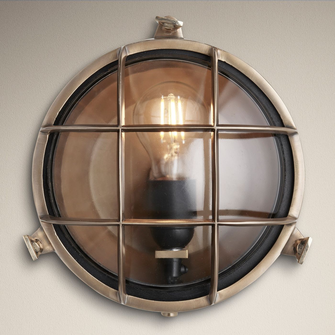 Brass Round Bulkhead Outdoor and  Bathroom Round Wall Light with clear glass