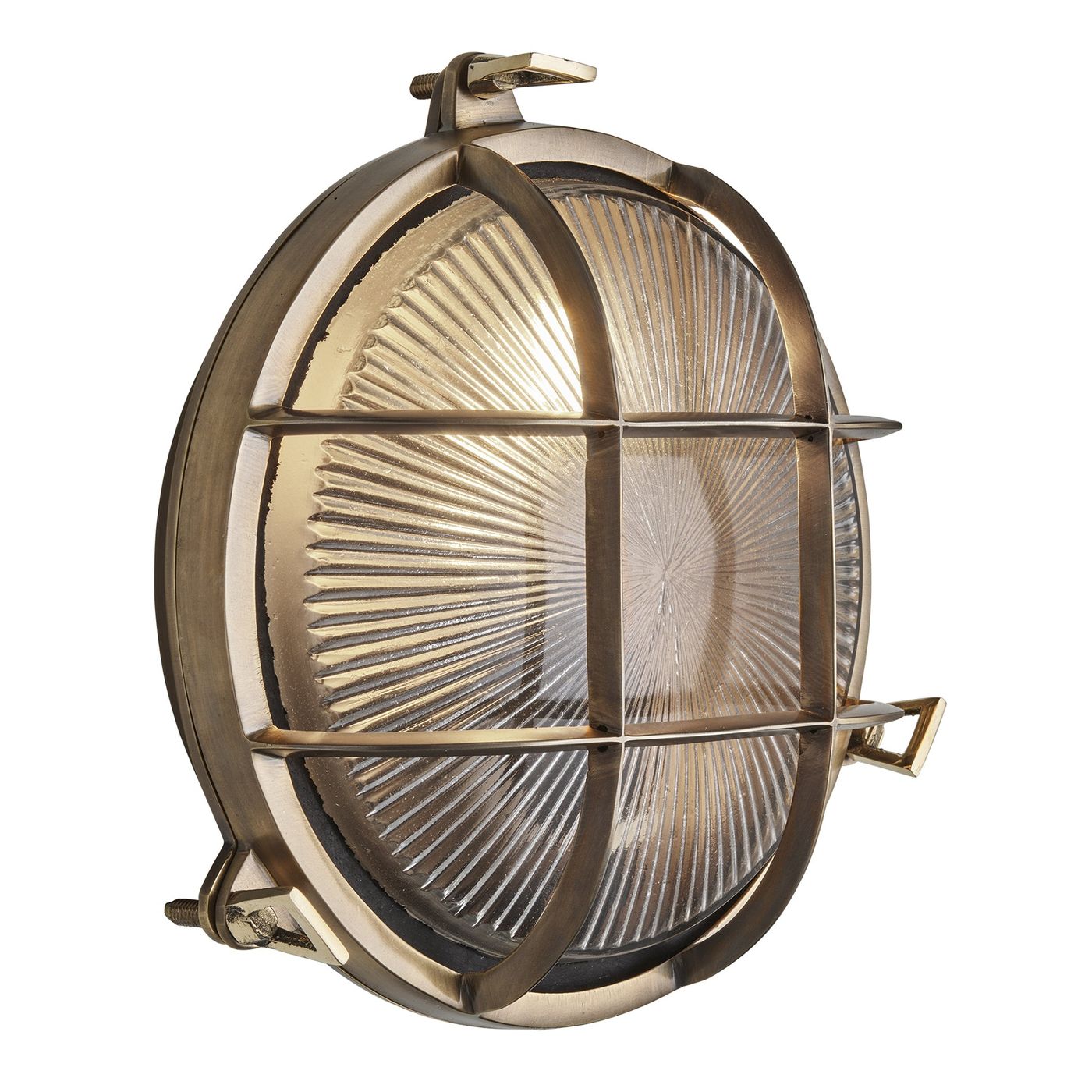 Brass Round Bulkhead Outdoor and  Bathroom Round Wall Light with ribbed glass