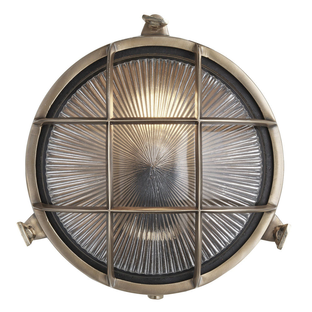 Brass Round Bulkhead Outdoor and  Bathroom Round Wall Light with ribbed glass