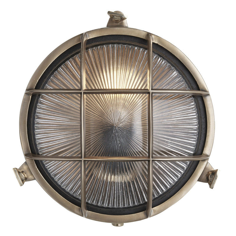 Brass Round Bulkhead Outdoor and  Bathroom Round Wall Light with ribbed glass