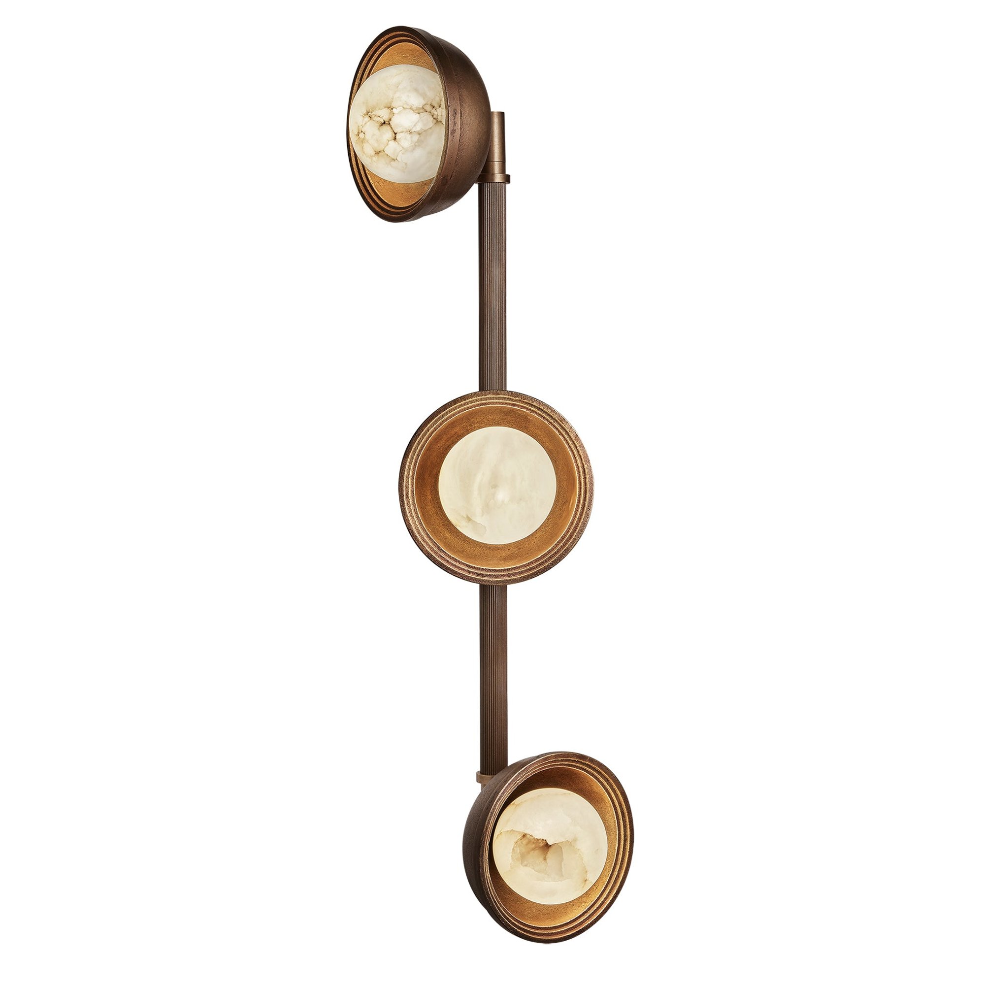 Corby Cast & Alabaster Triple Wall Light in Aged Brass lit up