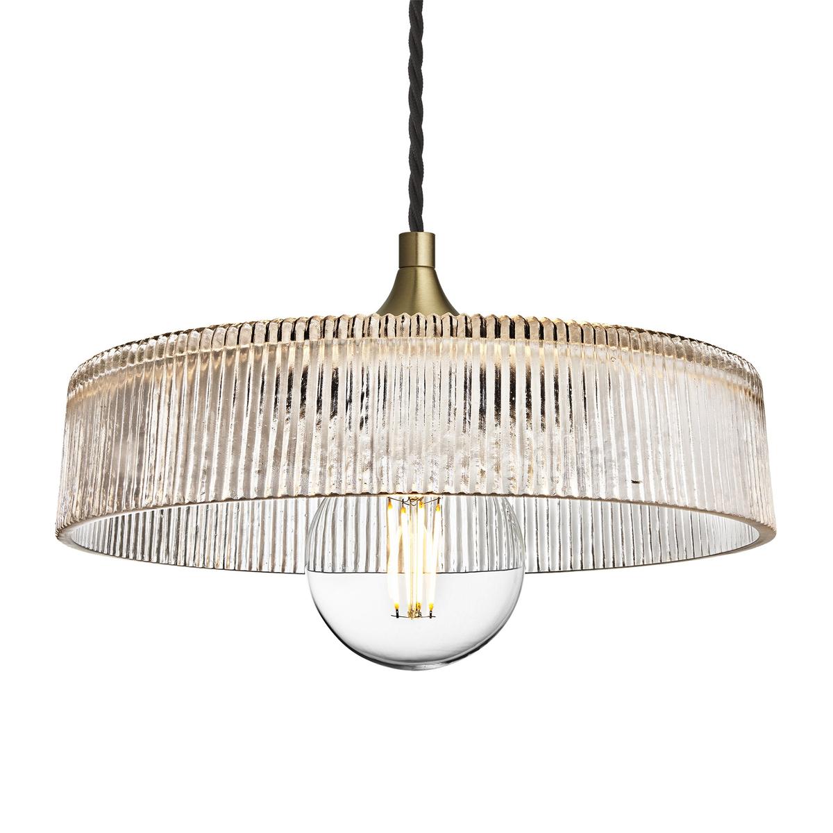 Chelsea Clear Glass Ribbed Dish Pendant in 12 Inch with Brass Holder