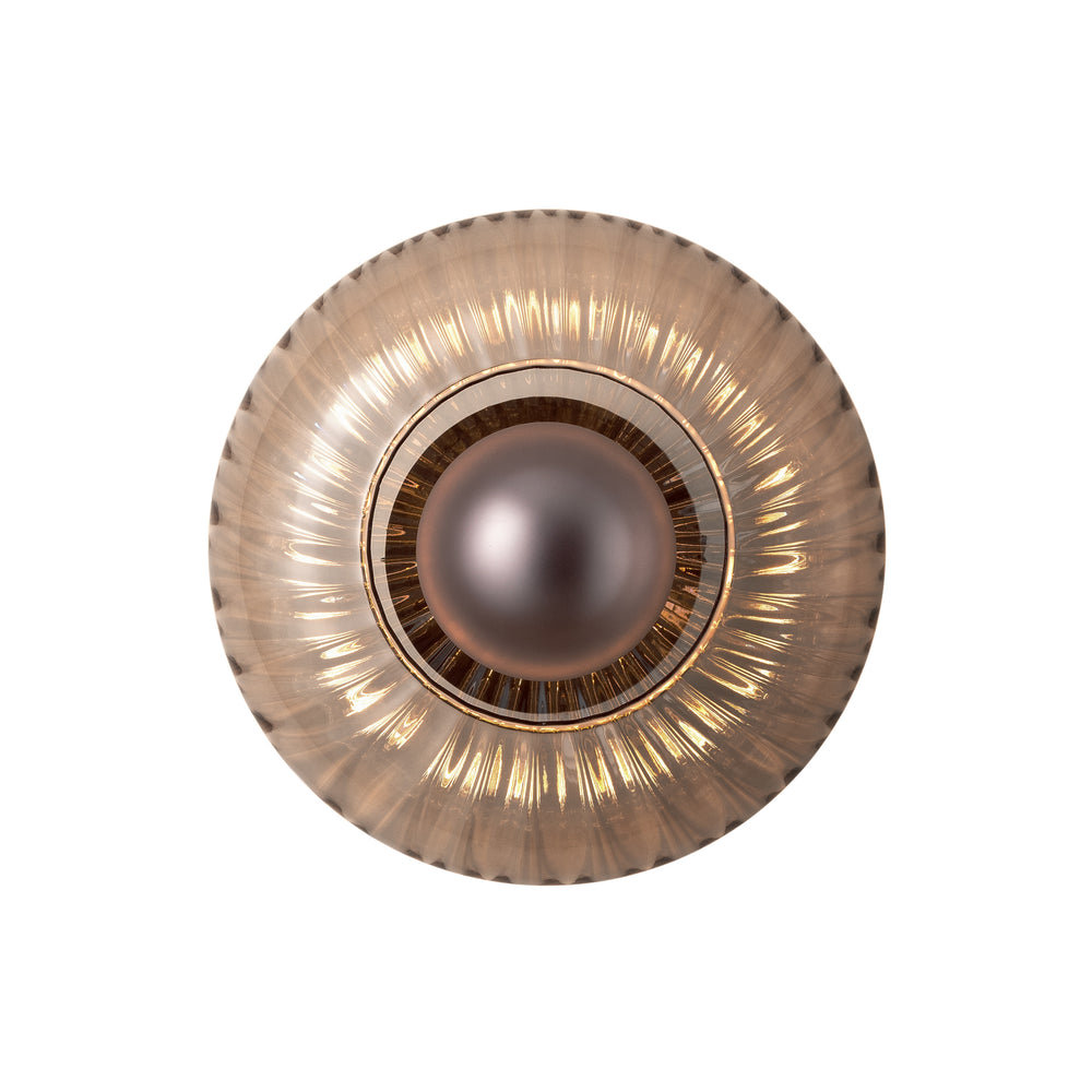 Chelsea Glass Round Diffuser Wall Light Flush Mount with Ribbed Mocha Glass and Bronze Wall Holder lit up