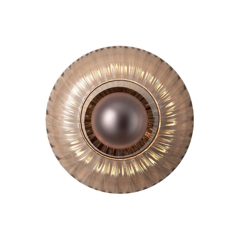 Chelsea Glass Round Diffuser Wall Light Flush Mount with Ribbed Mocha Glass and Bronze Wall Holder lit up