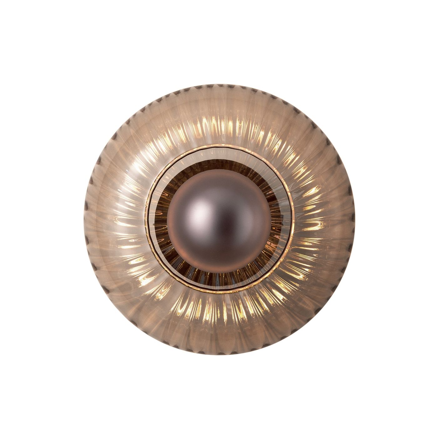 Chelsea Glass Round Diffuser Wall Light Flush Mount with Ribbed Mocha Glass and Bronze Wall Holder lit up
