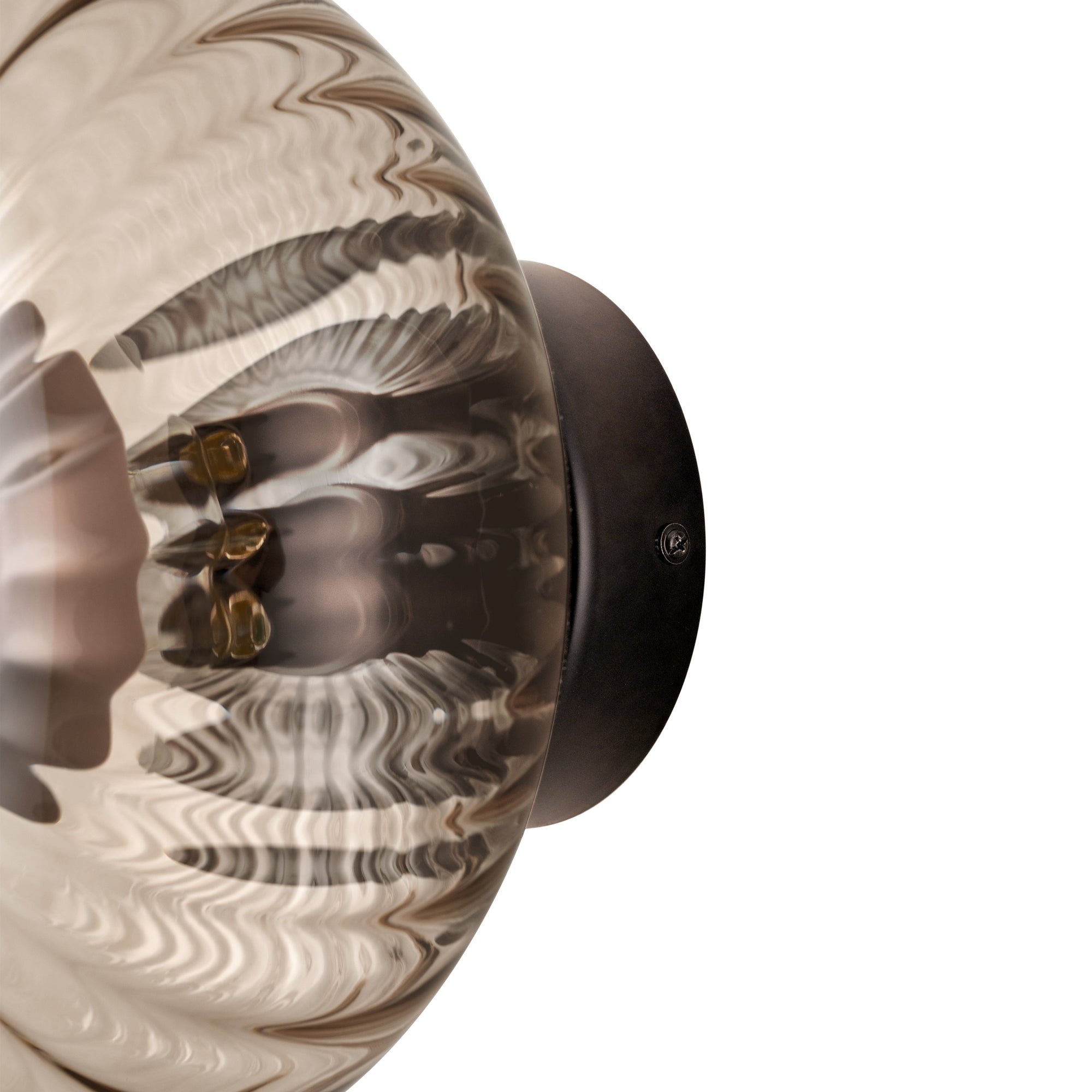 Chelsea Glass Round Diffuser Wall Light Flush Mount with Ribbed Mocha Glass, close up the Bronze Wall Holder