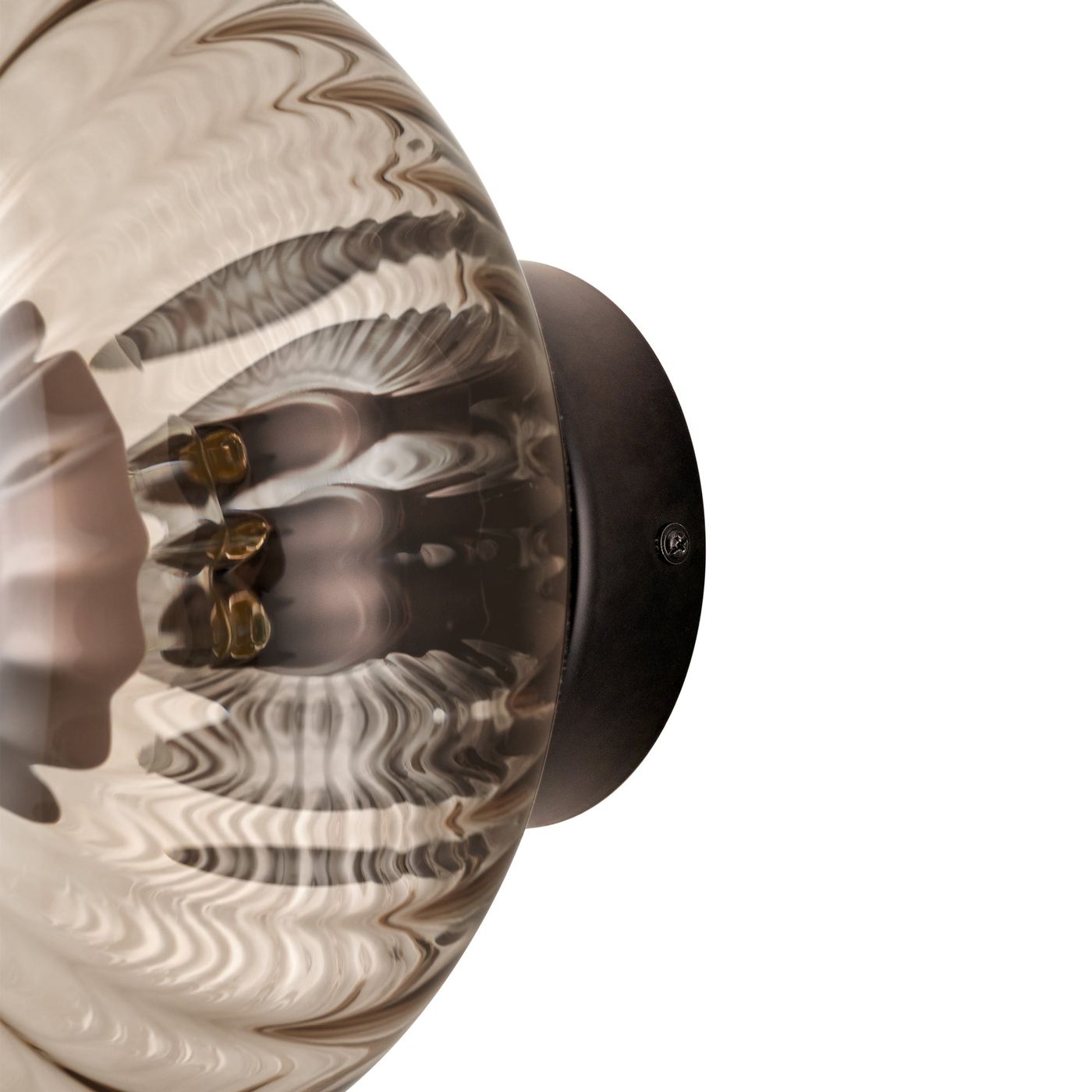 Chelsea Glass Round Diffuser Wall Light Flush Mount with Ribbed Mocha Glass, close up the Bronze Wall Holder