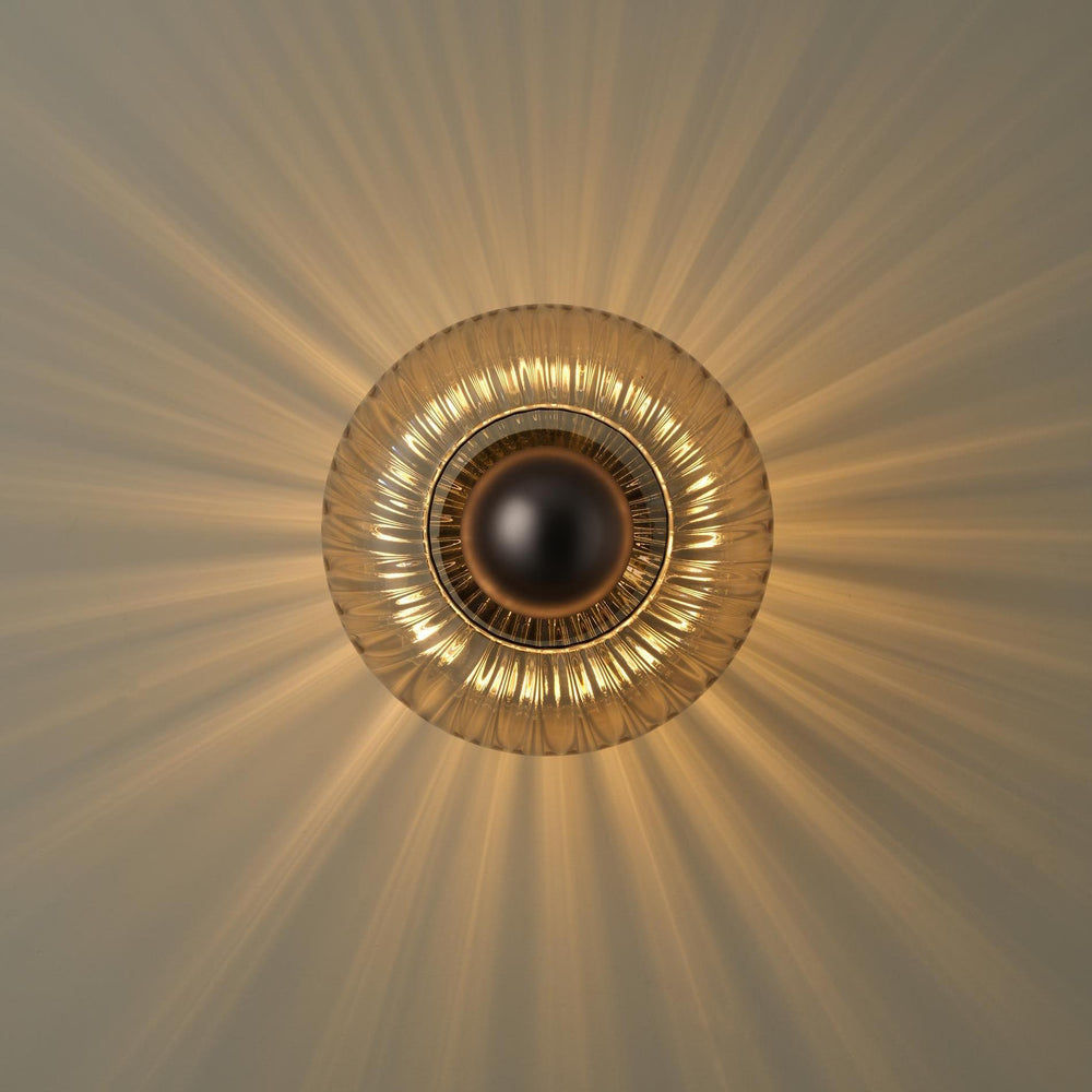 Chelsea Glass Round Diffuser Wall Light Flush Mount with Ribbed Mocha Glass and Bronze Wall Holder lit up