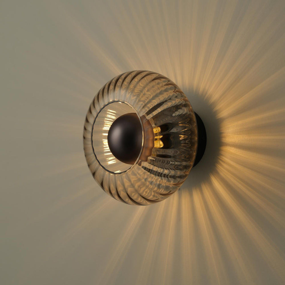 Chelsea Glass Round Diffuser Wall Light Flush Mount with Ribbed Mocha Glass and Bronze Wall Holder lit up