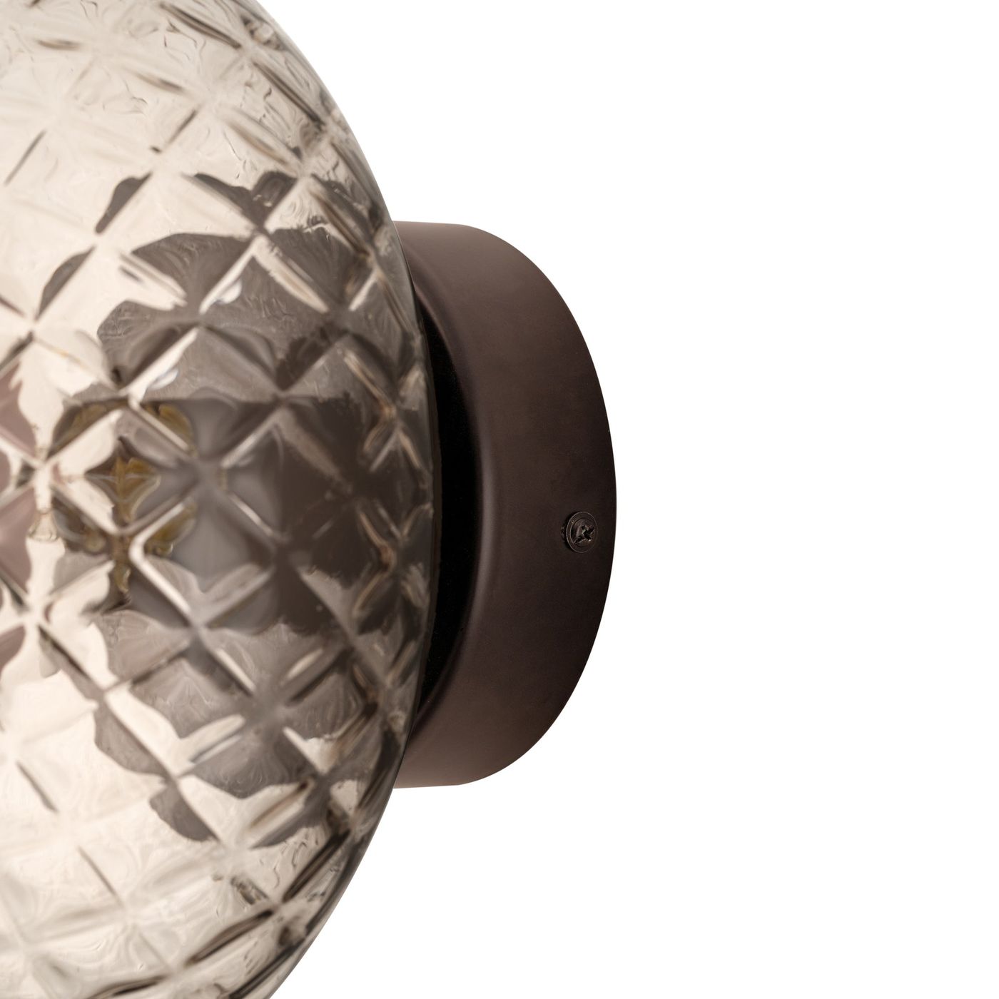 Chelsea Glass Round Diffuser Wall Light Flush Mount with Diamond Mocha Glass, close up of the Bronze Wall Holder