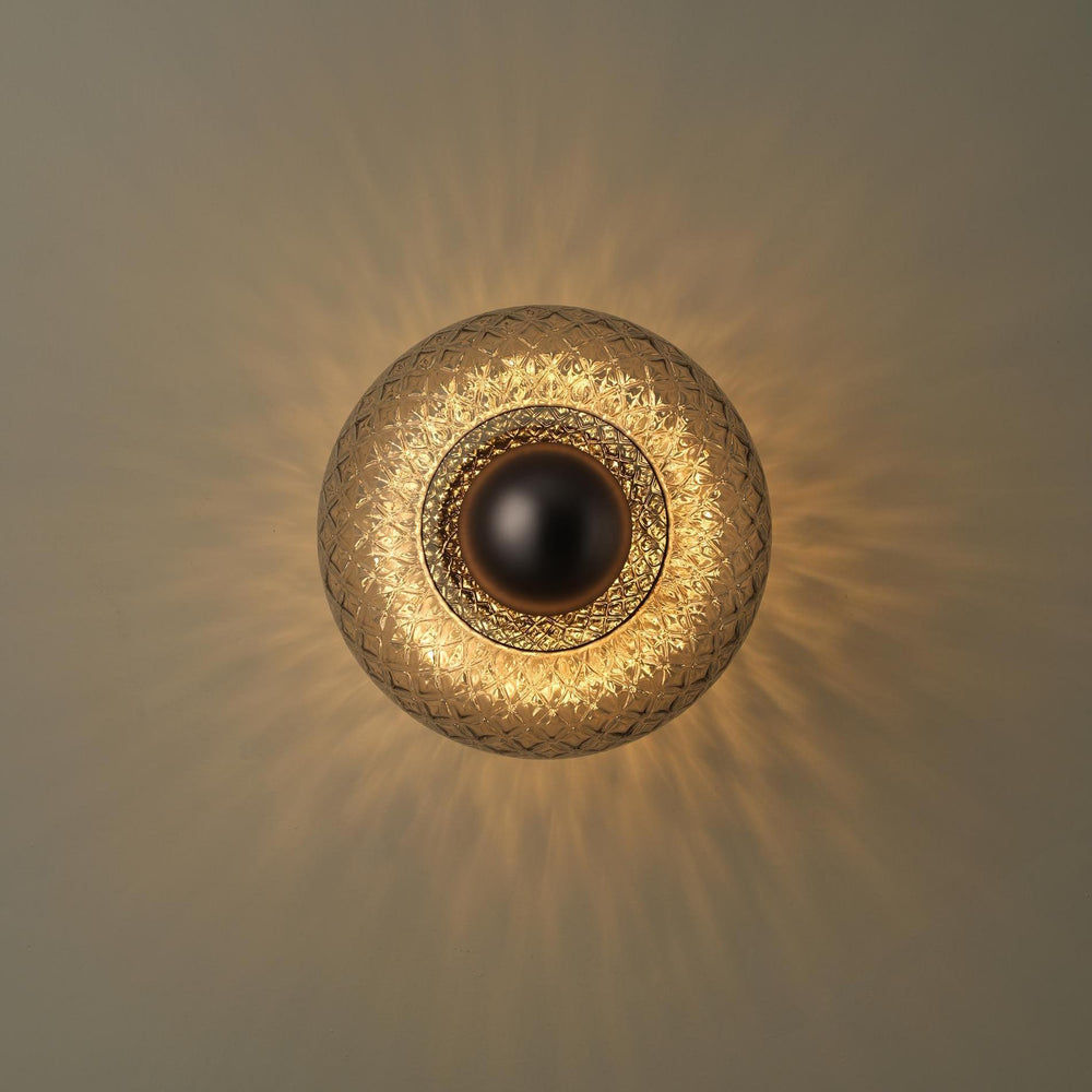 Chelsea Glass Round Diffuser Wall Light Flush Mount with Diamond Mocha Glass and Bronze Wall Holder lit up