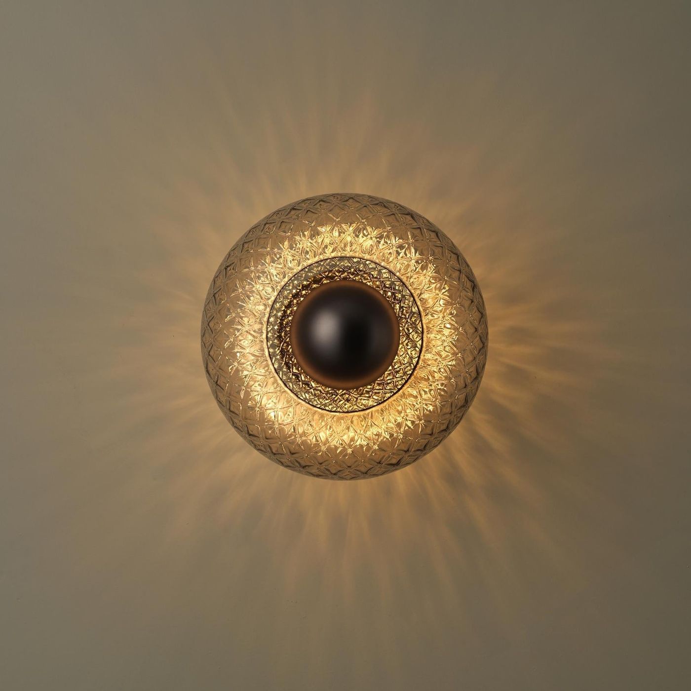 Chelsea Glass Round Diffuser Wall Light Flush Mount with Diamond Mocha Glass and Bronze Wall Holder lit up