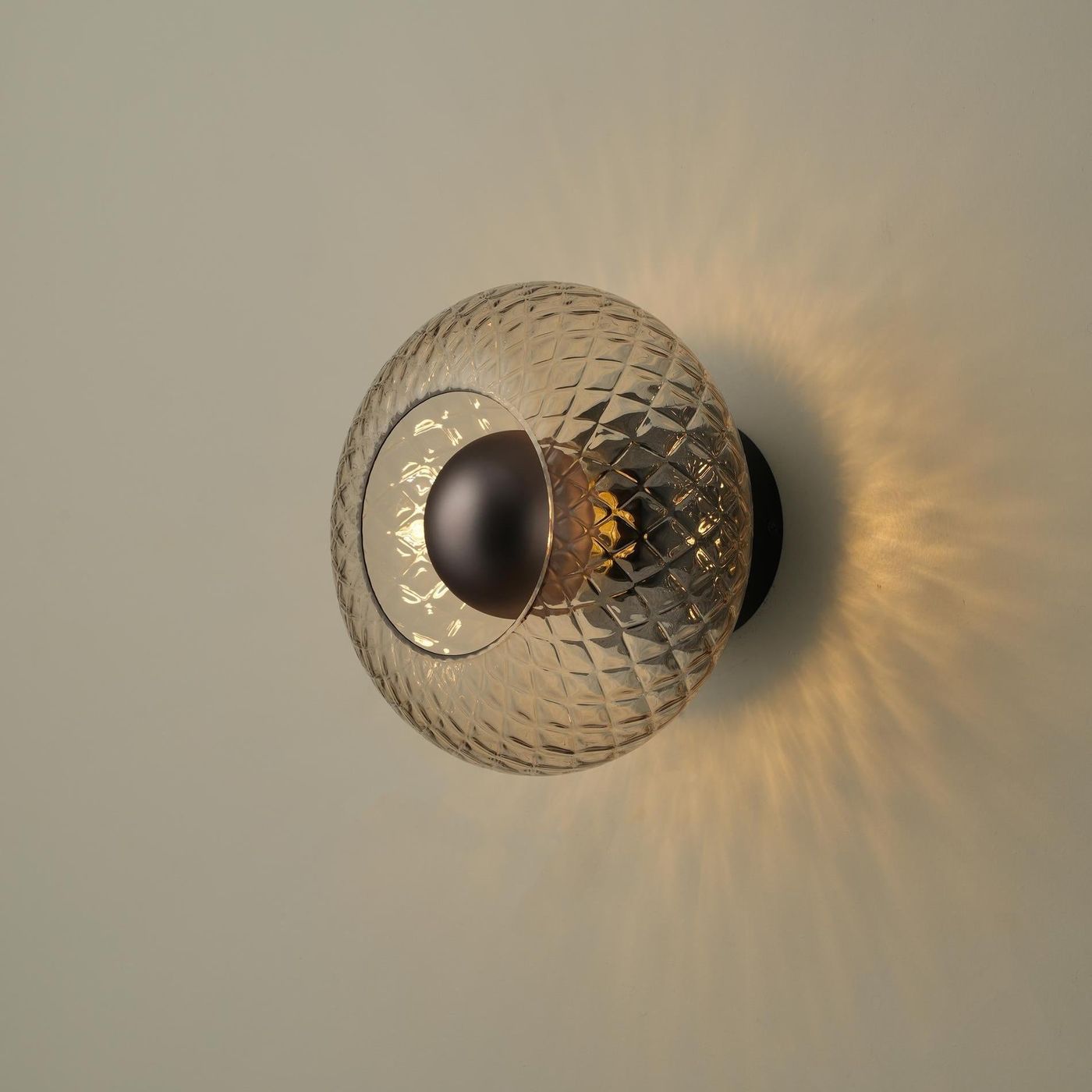 Chelsea Glass Round Diffuser Wall Light Flush Mount with Diamond Mocha Glass and Bronze Wall Holder lit up