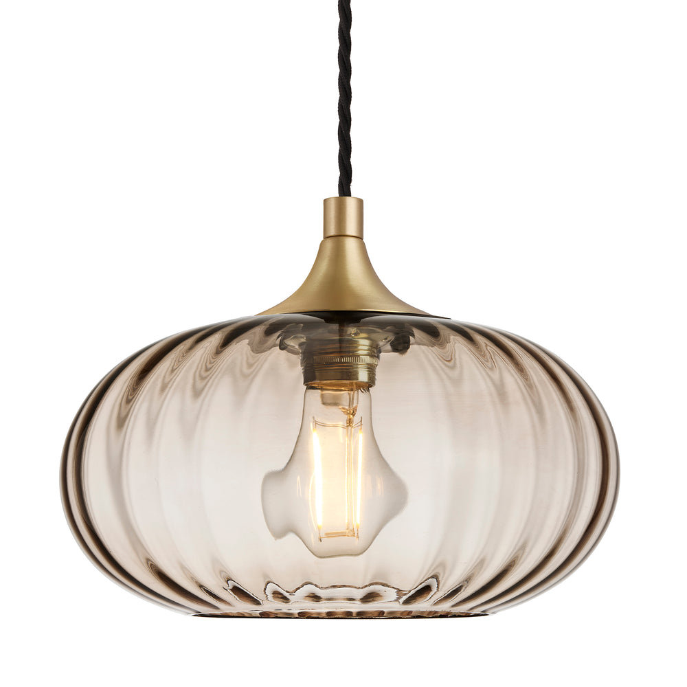 Chelsea Ribbed Textured Glass Round Pendant Light in 10 Inch Mocha Finish with Brass Holder