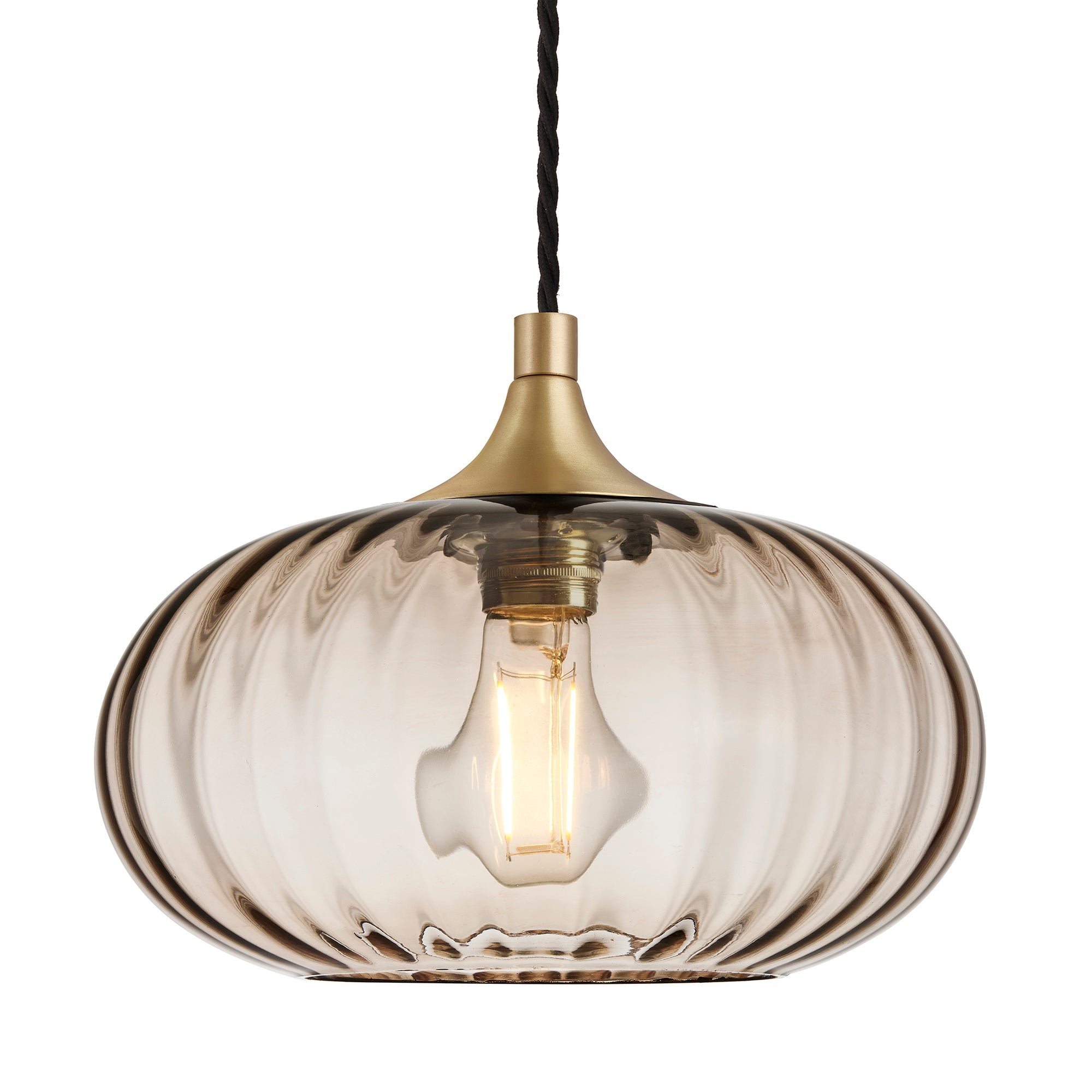 Chelsea Ribbed Textured Glass Round Pendant Light in 10 Inch Mocha Finish with Brass Holder