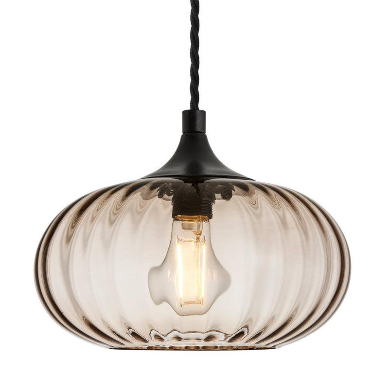 Chelsea Ribbed Textured Glass Round Pendant Light in 10 Inch Mocha Finish with Black Holder