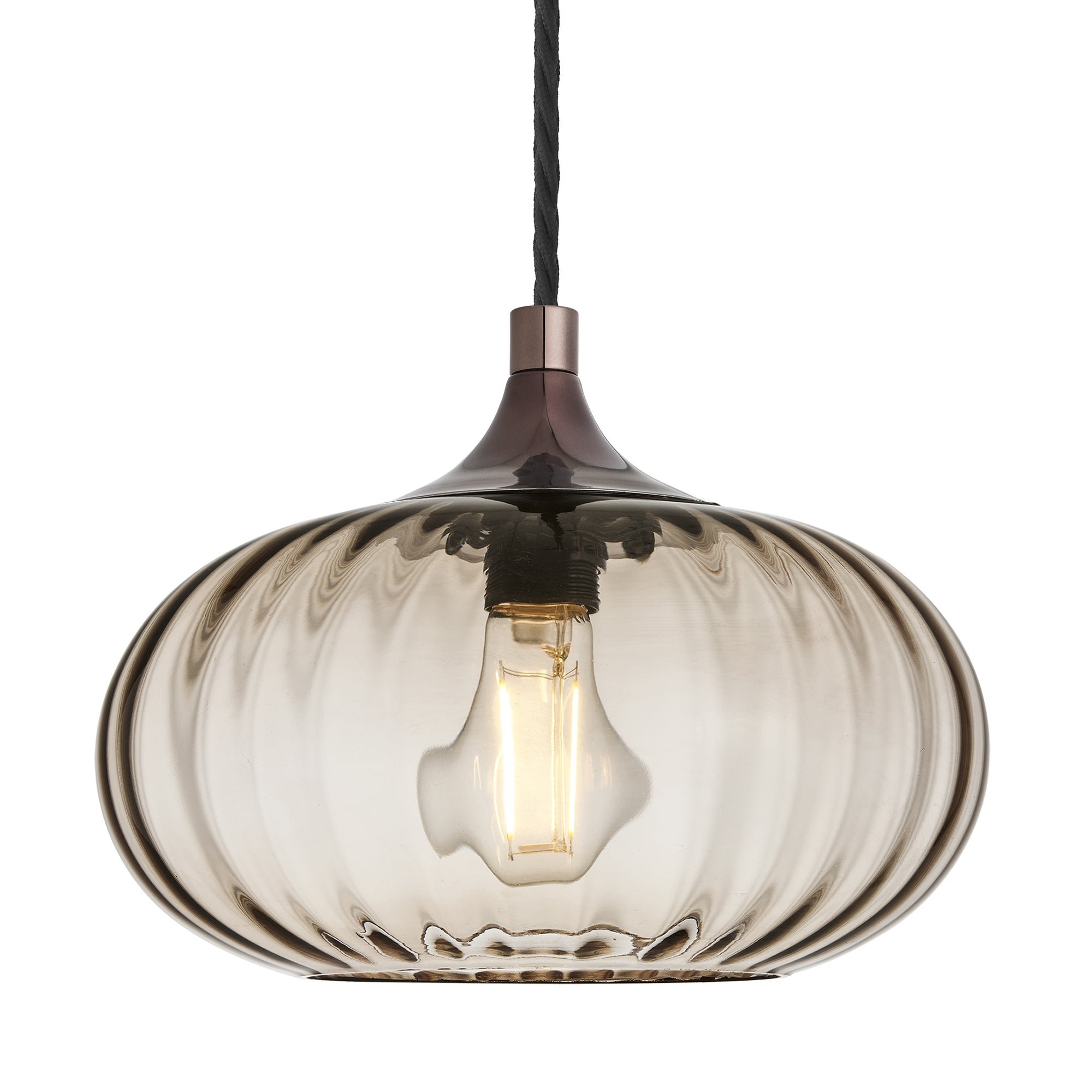 Chelsea Ribbed Textured Glass Round Pendant Light in 10 Inch Mocha Finish with Shiny Bronze Holder