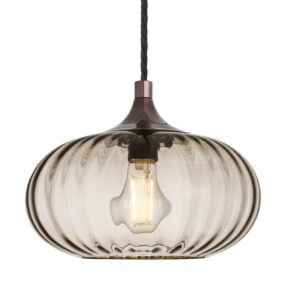 Chelsea Ribbed Textured Glass Round Pendant Light in 10 Inch Mocha Finish with Shiny Bronze Holder