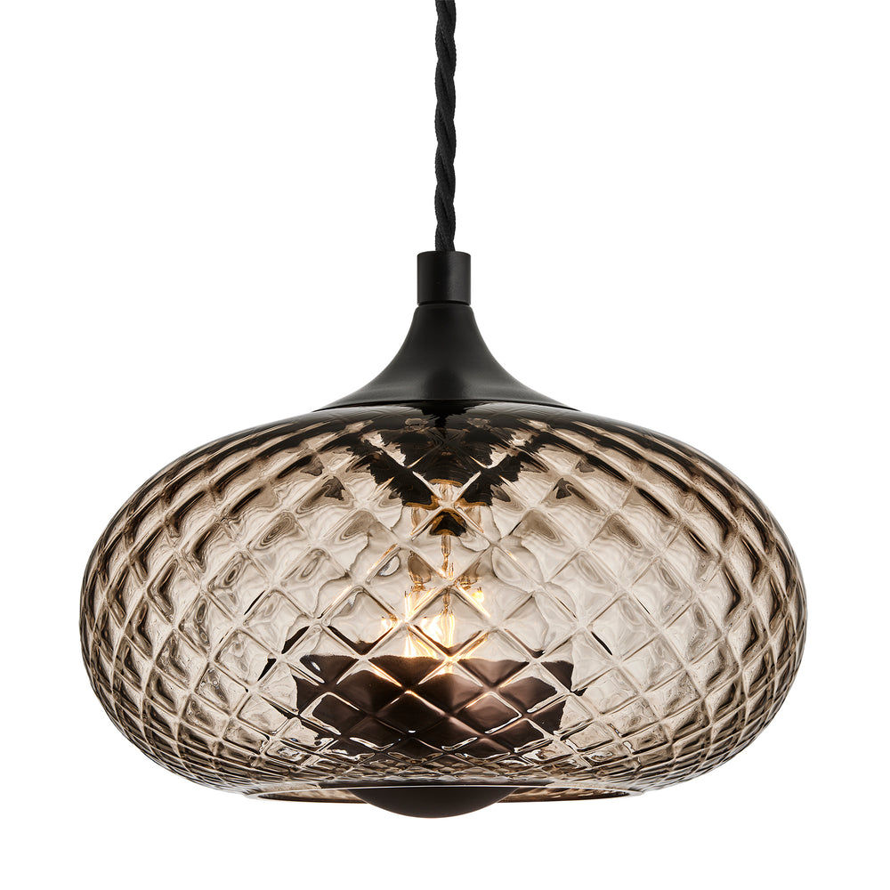 Chelsea Diamond Textured Glass Round Pendant Light in 10 Inch Mocha Finish with Black Holder