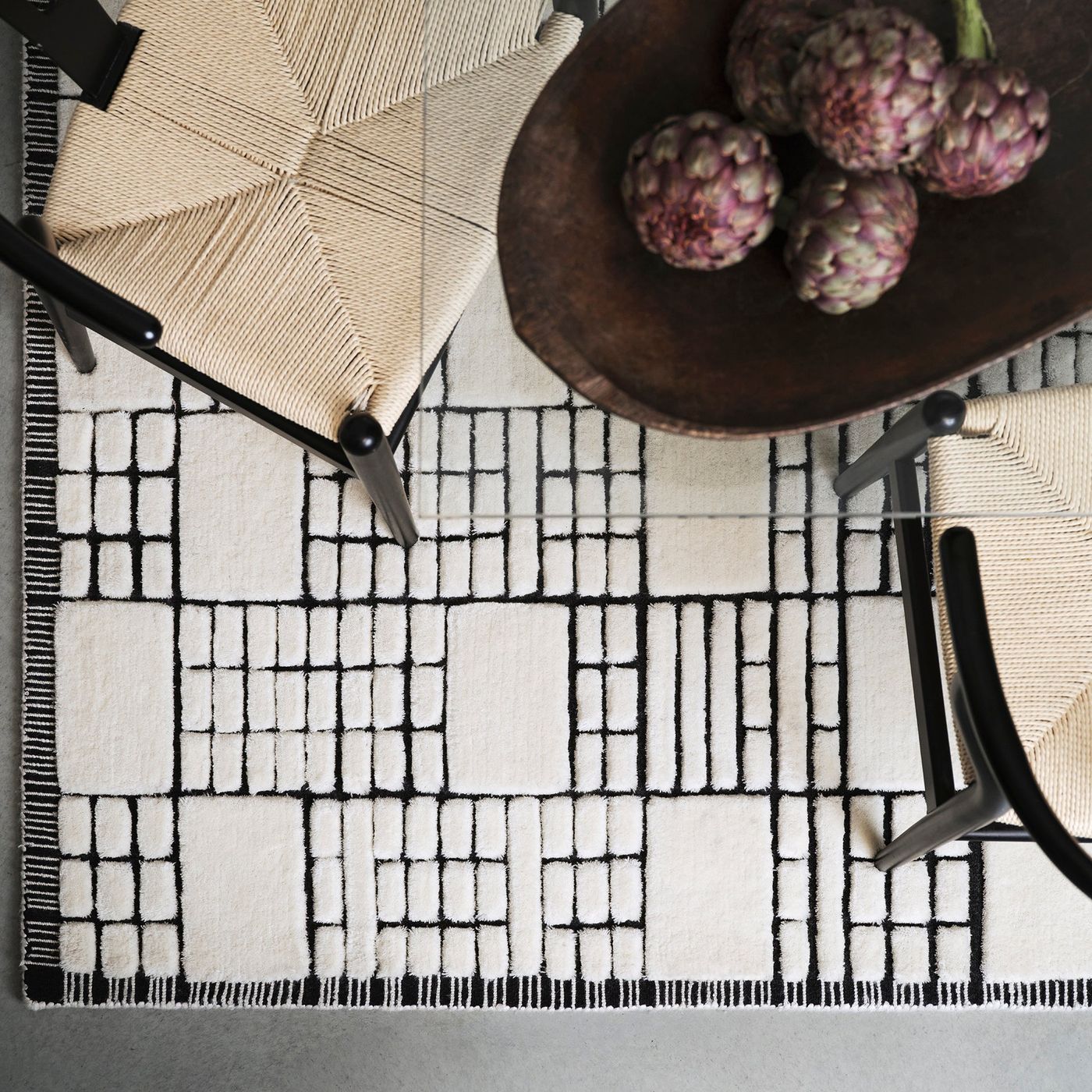 Contemporary Cream Black Barbican Handtufted Wool Rug Industville RG-34-HTW-CR-BK