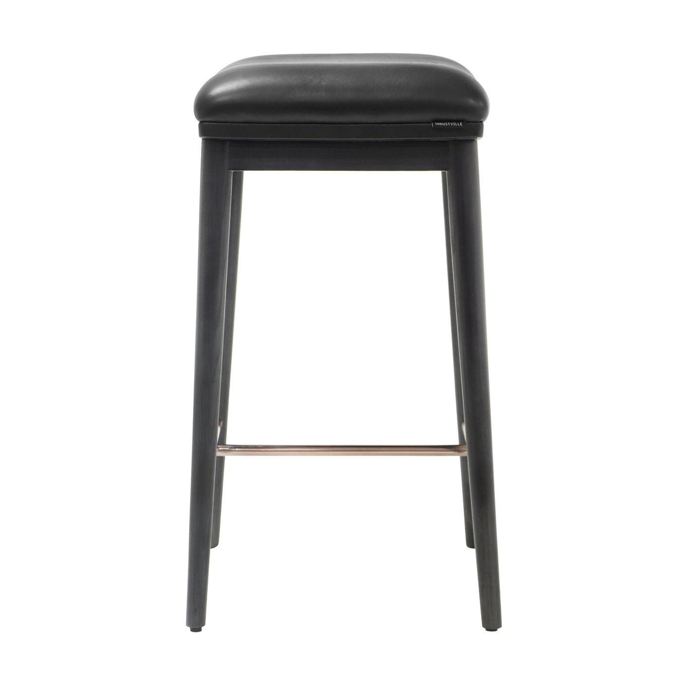 Counter height stool with black ash wood legs, black soft leather seat, and a brushed metal footrest, viewed from the front.