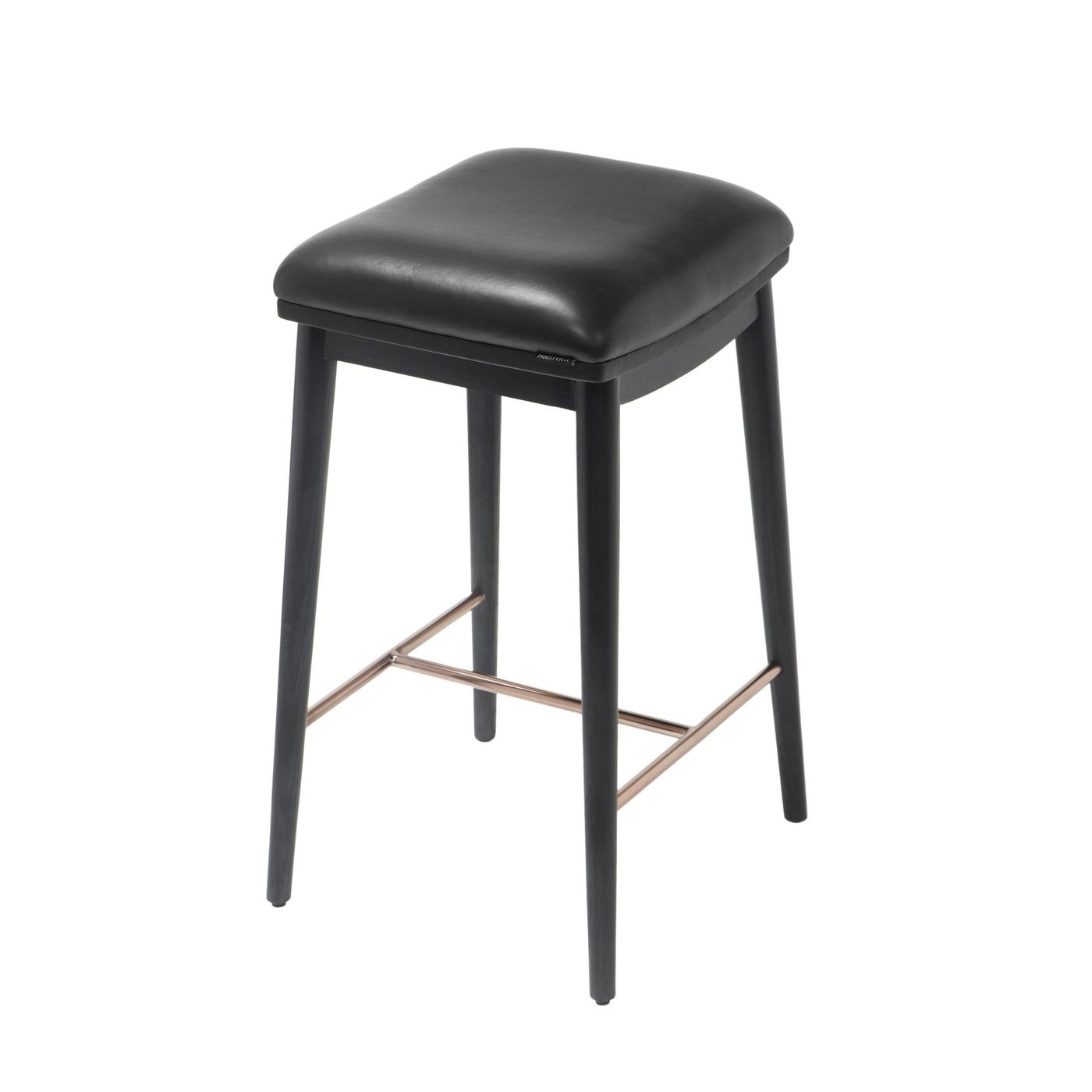Counter height stool with black ash wood legs, black soft leather seat, and brushed metal footrest, angled view.