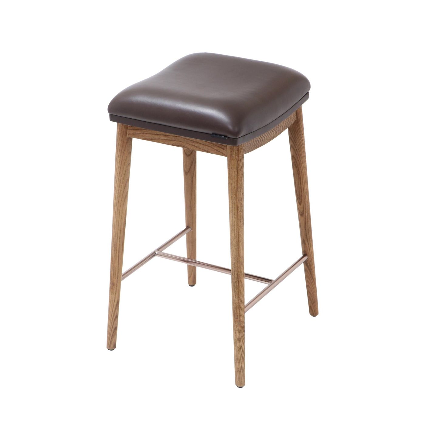 Counter height stool with natural ash wood legs, brown soft leather seat, and brushed metal footrest, angled view