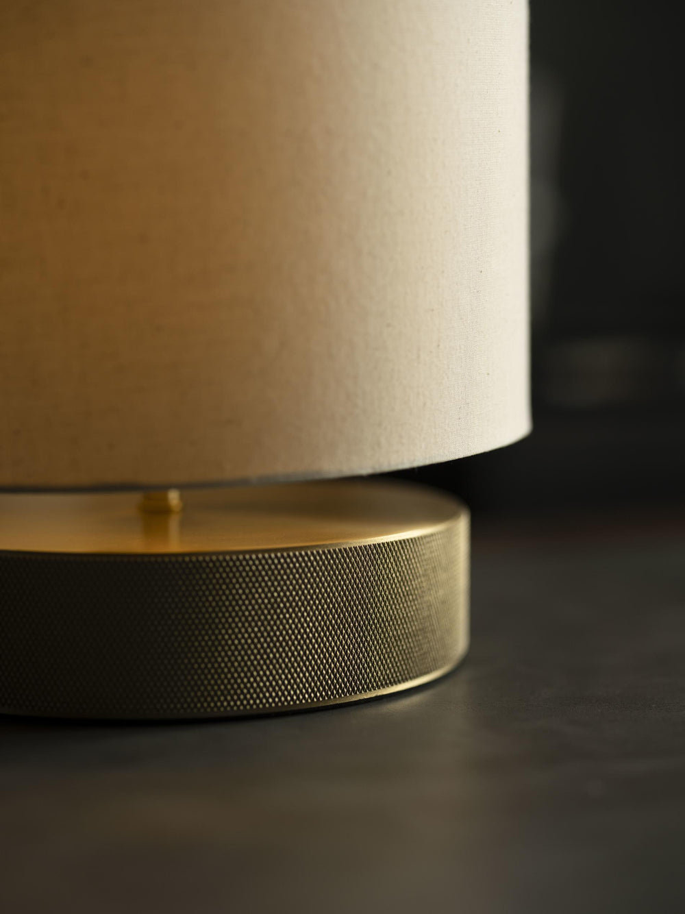 Knurled Round Table Lamp in Brass Finish with a Natural Cotton Drum Shade