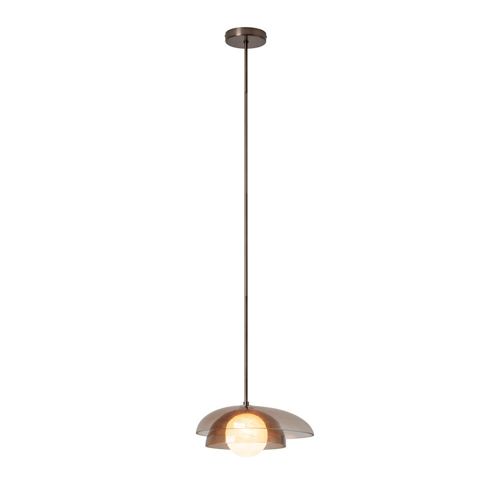 Dulwich Layered Macha Glass Pendant  Light in Bronze finish, lit up