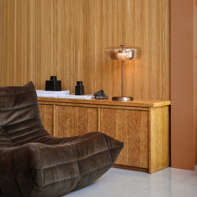 Selby Layered Mocha Glass Round Table Lamp with Bronze base lit up