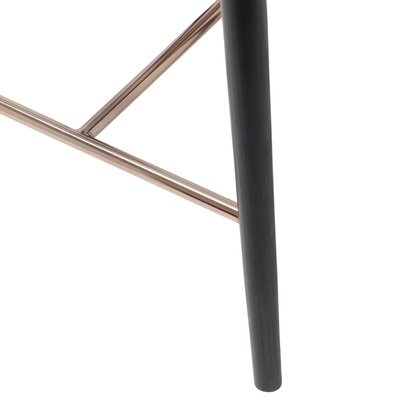 Detail view of the brushed metal footrest on a counter height stool with black ash wood legs, highlighting the modern design